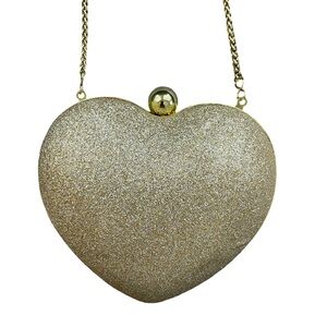Nina Gold Glitter Heart Clutch Evening Bag Chain Strap Formal Party Purse